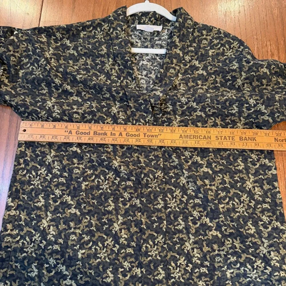 MICHAEL Michael Kors Floral Blouse L Black Olive Roll Tab Sleeve Gold Hardware